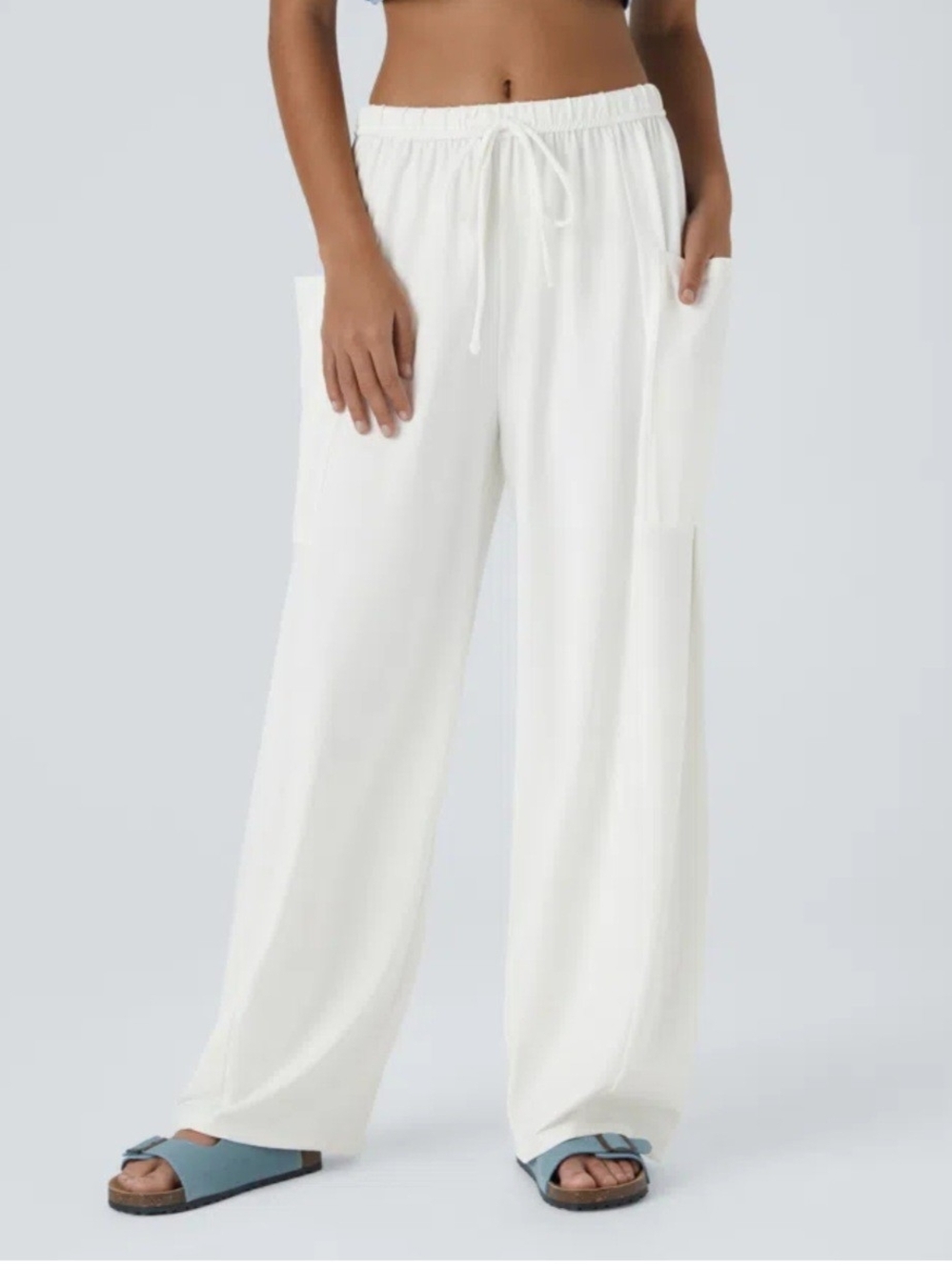 NWT Halara White Mid-Rise Drawstring Palazzo Flowy Wide Leg Pants - Size M